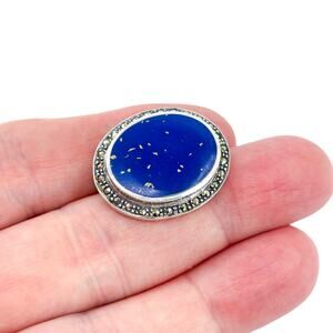 Vintage Sterling Silver 925 Faux Lapis Marcasite Oval Pin Brooch